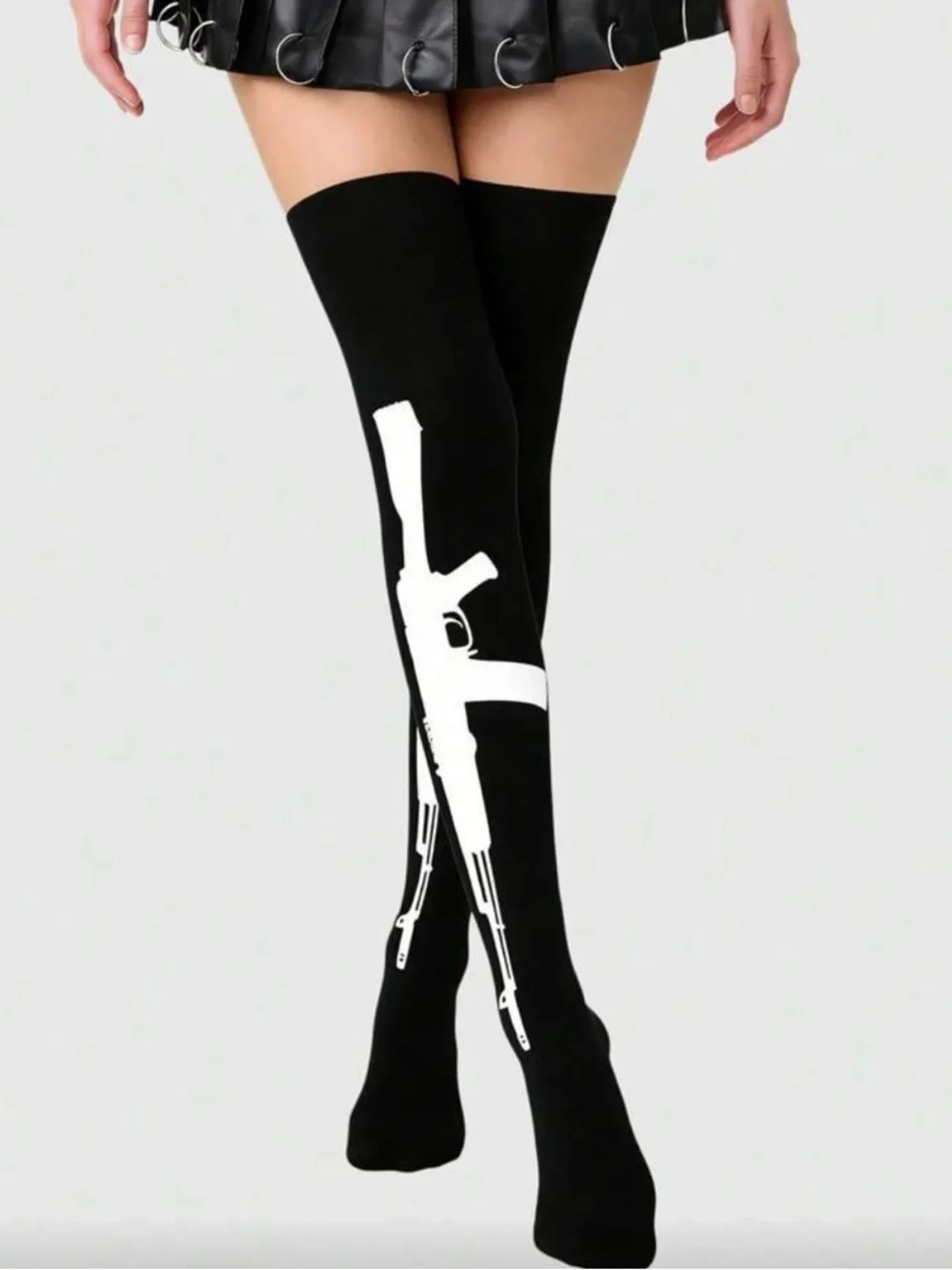 Black Thigh-High Socks with White Gun Graphic
